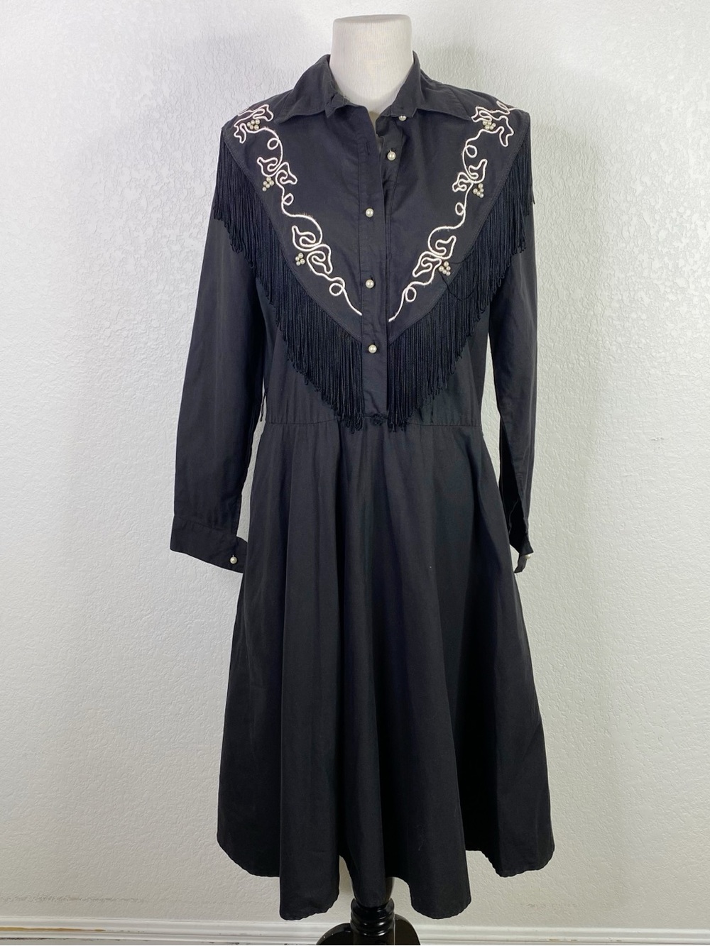Vintage Lilia Smitty Black Western Long Sleeve Fringe Dress